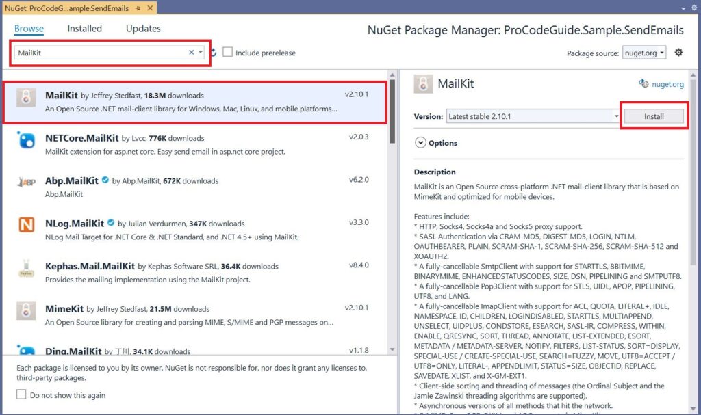Install MailKit NuGet Package