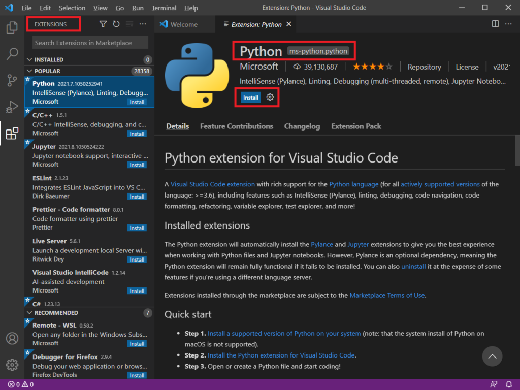 Visual Studio Code - Install Python Extension